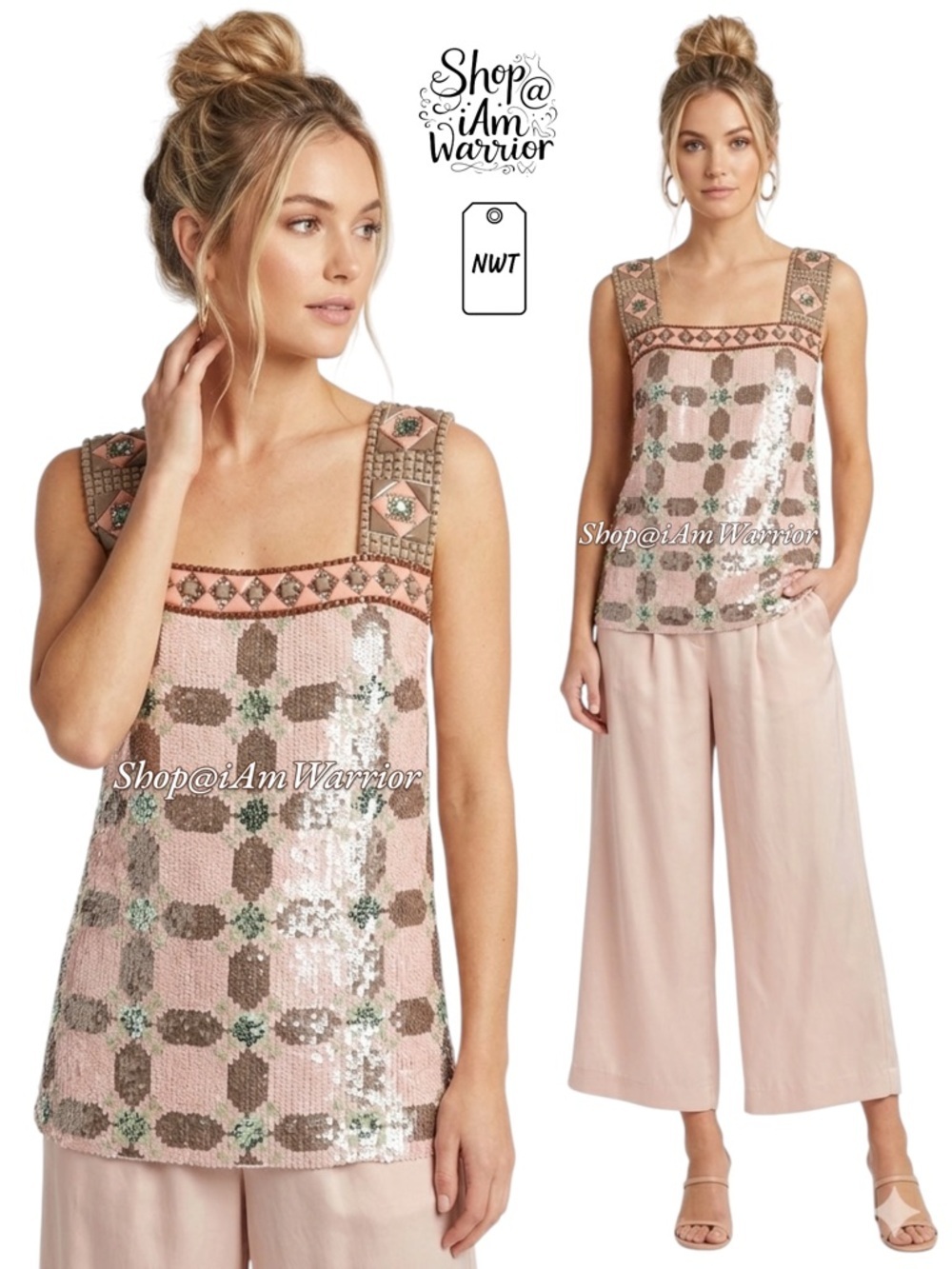 MANTÙ NWT beaded sequin patterned square neck sleeveless top *shop@iamwarrior
